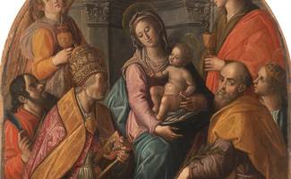 Madonna col bambino in grembo circondata da sei personaggi, tre per lato, olio su tela