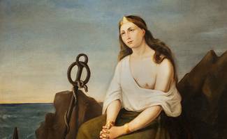 Figura allegorica femminile seduta con a fianco un'ancora, il mare sullo sfondo