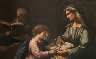 Sant’Anna insegna a leggere alla figlia, sullo sfondo San Giovacchino immerso nella lettura, olio su tela